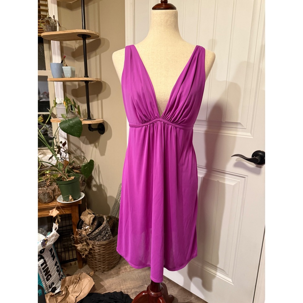Natori V Neck Ruched Empire Waist Midi Dress Fuchsia Women's Size Medium